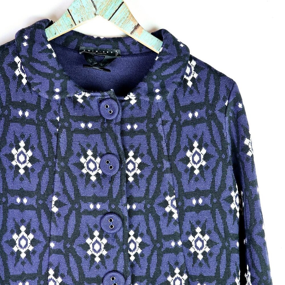 Twin-Set Simona Barbieri Royal Blue Geometric Snowflakes 100% Italian Wool Coat - Picture 3 of 12
